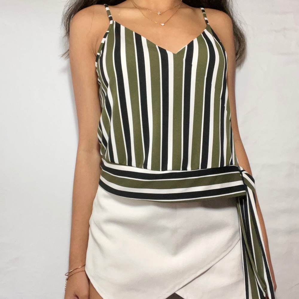Green, White, Black Side-Tie Striped Blouse Tank